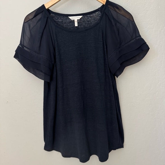 REBECCA TAYLOR Navy Sheer Flutter Sleeve Knit Top Silk and Linen Size Large - Picture 13 of 16